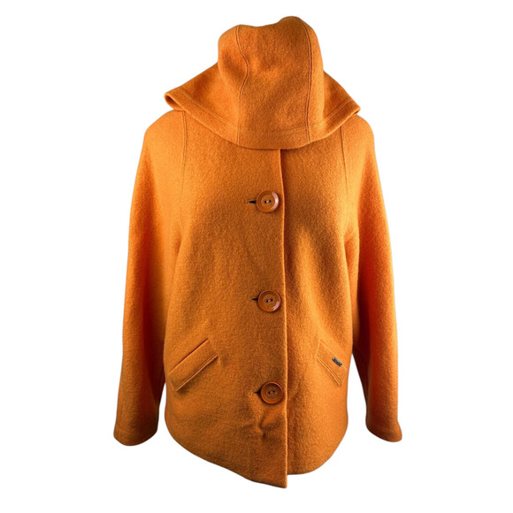 Geiger Austria Boiled Wool Coat Cardigan Jacket Hooded Button Orange Size 36 - Picture 2 of 16
